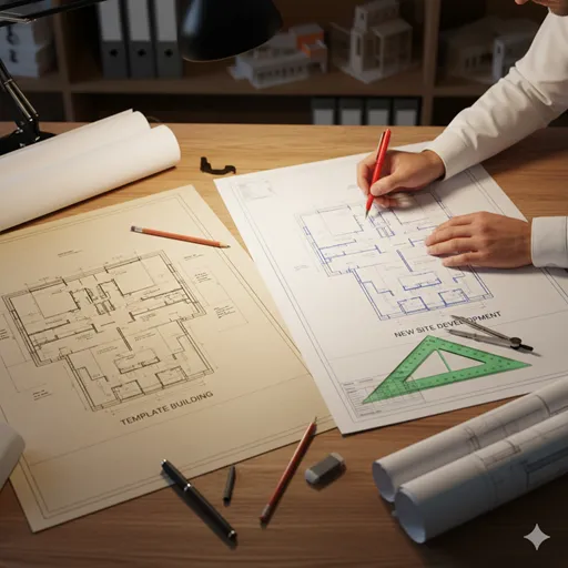 一つの設計図を基にしながら、別の建物の形に合わせて定規や鉛筆で部分的に修正を加えている設計士のデスク。