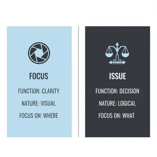 焦点（FOCUS / ZOOM）と論点（ISSUE / PIVOT）を、機能（FUNCTION）と性質（NATURE）の軸で比較した英語のインフォグラフィック。