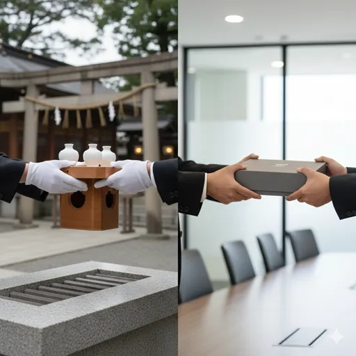 神社の賽銭箱に静かにお賽銭を投じる、あるいは取引先に完成した製品を届ける厳かな瞬間。