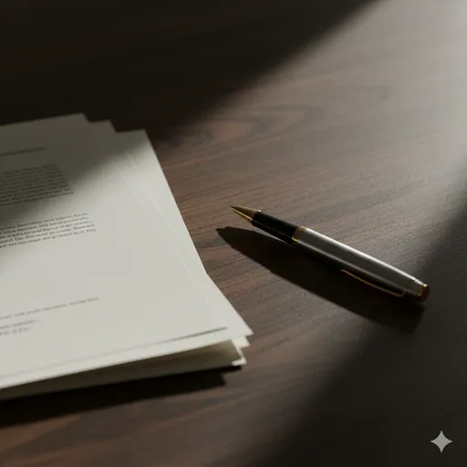 整理整頓されたデスクの上に置かれた、重厚感のある履歴書や契約書などの正式な書類のクローズアップ。