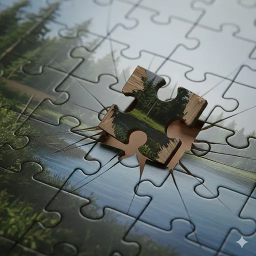 完璧なパズルのピースを無理やり削って、正しくない場所に押し込もうとしている手元。