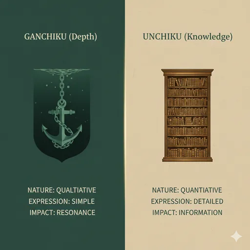 含蓄（GANCHIKU / DEPTH）と薀蓄（UNCHIKU / KNOWLEDGE）を、性質（NATURE）と表現（EXPRESSION）の軸で比較した英語のインフォグラフィック。