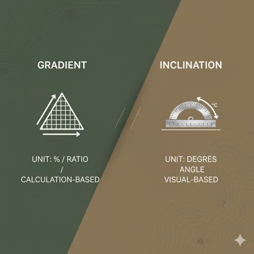 勾配(GRADIENT / RATIO)と傾斜(INCLINATION / ANGLE)を、単位(UNIT)と用途(APPLICATION)の軸で比較した英語のインフォグラフィック。