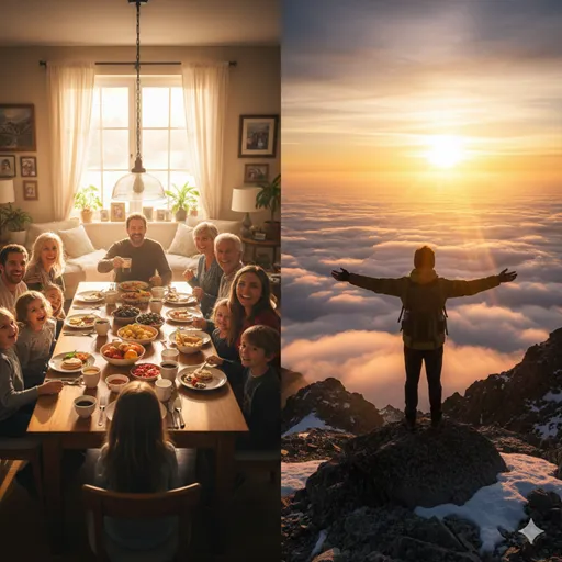 家族と穏やかに食卓を囲む風景（幸福）と、美しい朝焼けの山頂で両手を広げる瞬間（至福）を対比させたメインビジュアル。