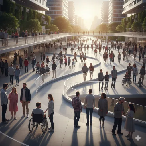 多様な人々が、それぞれの個性を活かしながら、整備された透明性の高い社会で共に歩む風景。