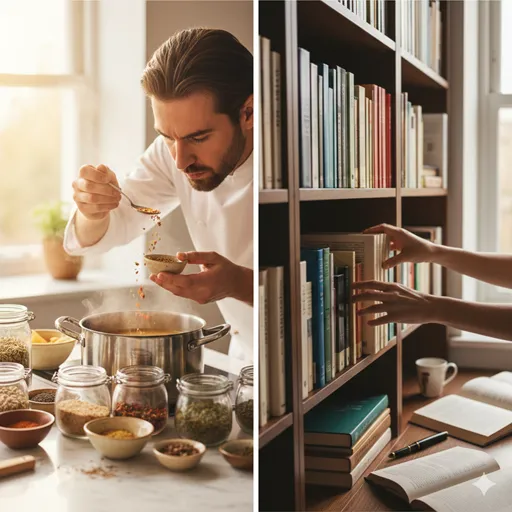 スパイスを組み合わせて味を微調整する手元（調える）と、本棚の背表紙を完璧に揃える手元（整える）を対比させたメインビジュアル。