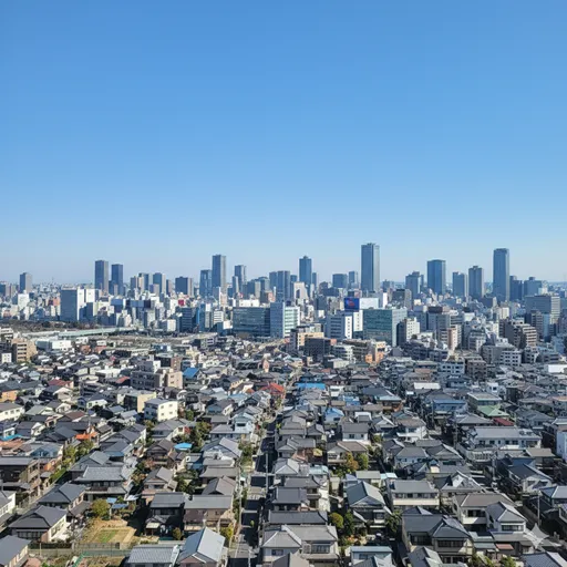 遠くに都会のビル群(街)を望みながら、手前には静かな住宅地(町)が広がる、共生するマチの風景。