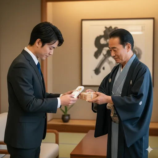 目上の人からの贈り物を、両手で丁寧に受け取る感謝の仕草。