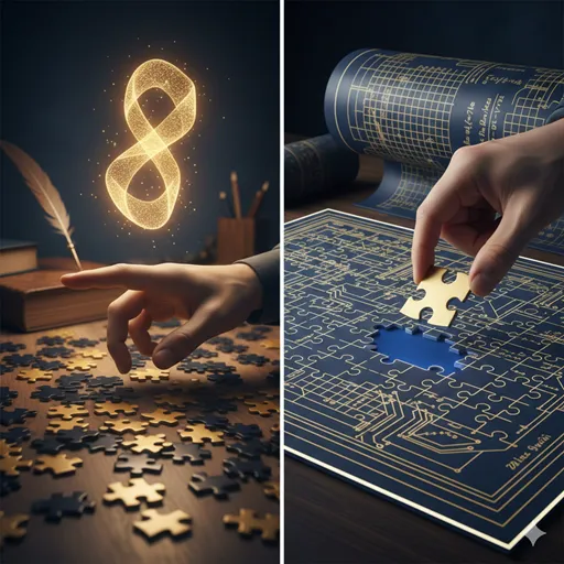 散らばったパズルのピースから絵を推測する様子（帰納法）と、完成図を見てピースをはめていく様子（演繹法）の対比。