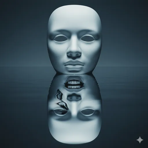 水面に映る、歪んだ表情を隠して平穏を装う仮面のイメージ。