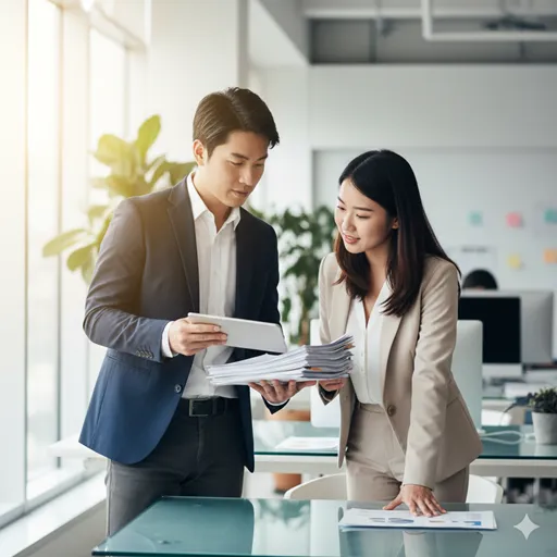 資料を提示し、中身の点検を笑顔で依頼するビジネスのバトンタッチ。