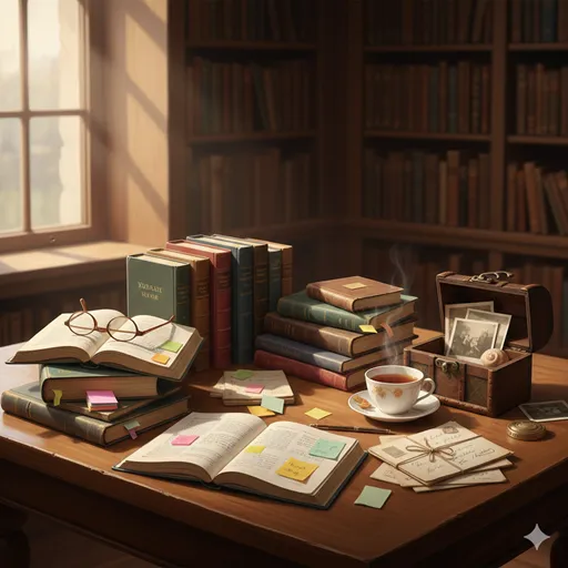 山積みの本（知性）の横に、大切に保管された一輪の押し花（感情）が置かれた、記憶の豊かさを象徴する風景。