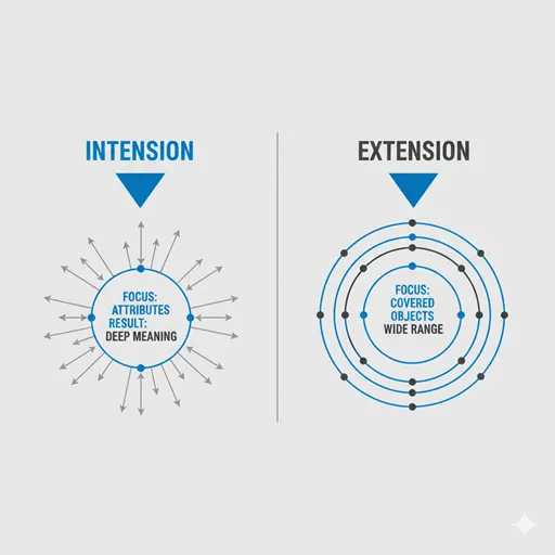 内包（INTENSION / DEFINITION）と外延（EXTENSION / RANGE）を、内容（CONTENT）と数量（QUANTITY）で比較した英語のインフォグラフィック。