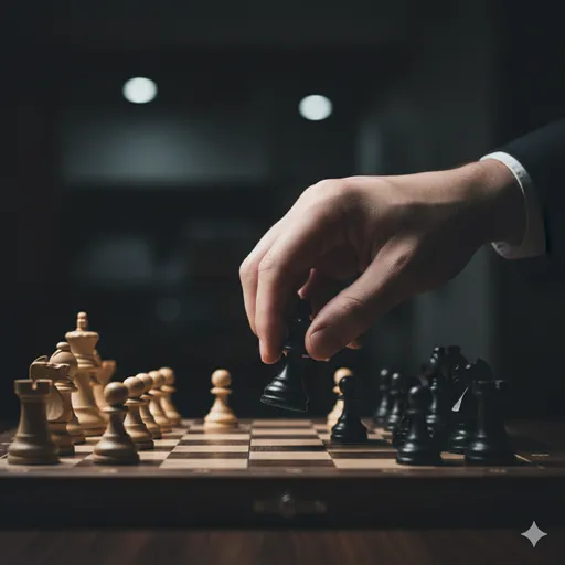 狙いを定めてチェスの駒を動かそうとする手元のアップ。明確な戦略と意図を感じさせるシーン。