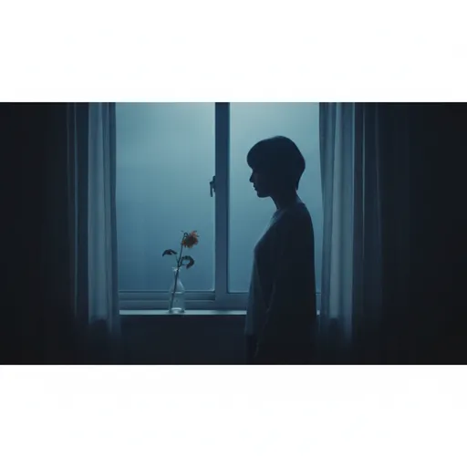窓際で一輪挿しの花を静かに見つめる人の後ろ姿。悲しみを抱えながらも前を向く静かな決意。