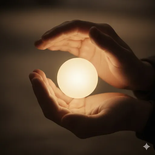 自分の手の中にある大切な宝物を、誰かに奪われないよう両手で包み込んで守る様子