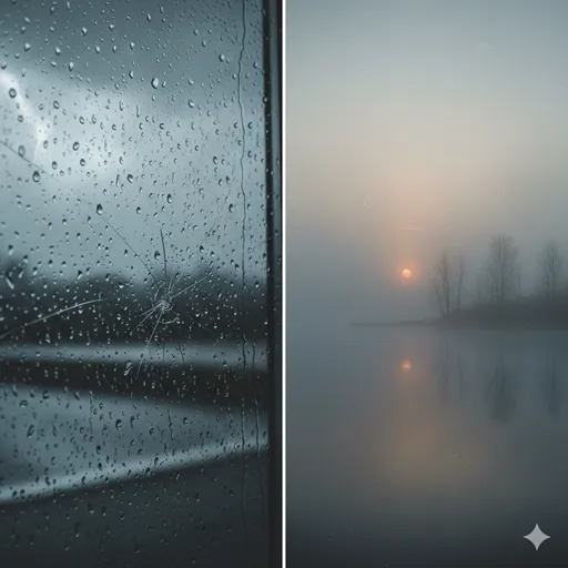 激しい雨に打たれる窓（悲しい）と、静かな湖畔に沈む夕日（哀しい）を対比させた情緒的なイメージ。