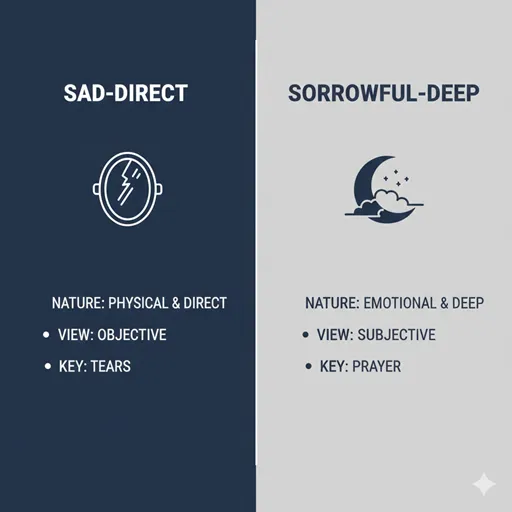 悲しい(SAD-DIRECT)と哀しい(SORROWFUL-DEEP)を、性質(NATURE)と視点(VIEW)で比較した英語のインフォグラフィック。