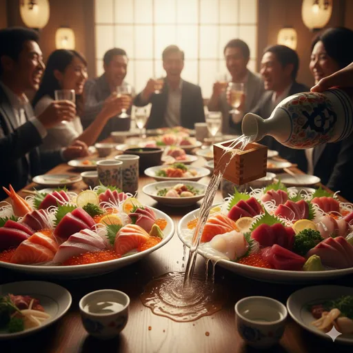 大勢の人が集まる賑やかな席で、惜しみなく注がれる酒と山盛りの料理。