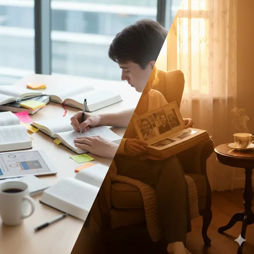 ノートに英単語を書き込み暗記する手元（覚える）と、古いモノクロ写真を大切そうに眺める様子（憶える）を対比させたビジュアル。