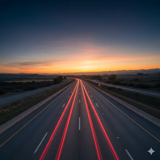 安全に整備された道路を走り抜ける車のヘッドライトと、夜明けの風景。正しい知識と安全運転を象徴。