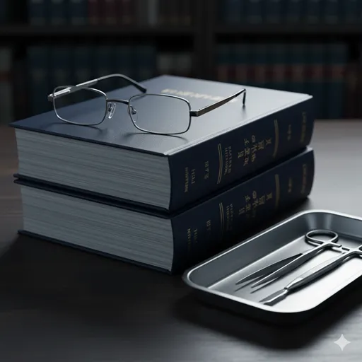 医師法や六法全書などの厚い法典と、その上に置かれた医療用デバイス。法的根拠を象徴するイメージ。