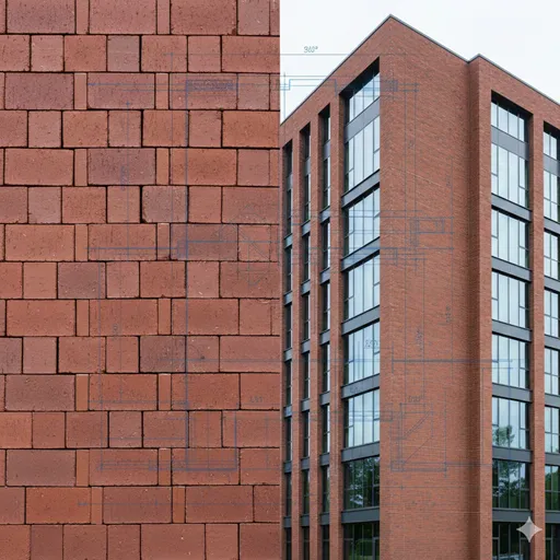 精緻に並べられた建築用レンガ（規定）と、そのレンガによって完成したモダンな建築物（規程）の対比。