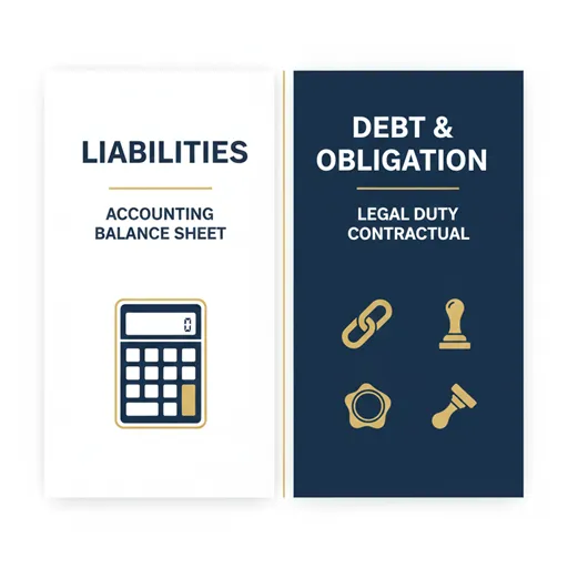 LIABILITIES (Financial Balance / Reporting) と DEBT / OBLIGATION (Legal Duty / Contracts) を比較した英語のインフォグラフィック。