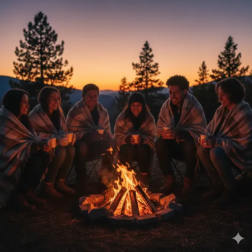 夕暮れ時のキャンプファイヤーを囲む人々。火の熱（温かい）と、その場の和やかな雰囲気（暖かい）の融合。
