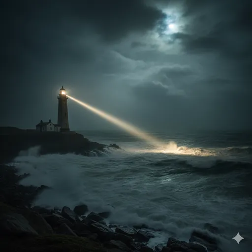 夜の荒波の中、灯台が放つ一筋の光が海面を照らし、進むべき道を示している風景。