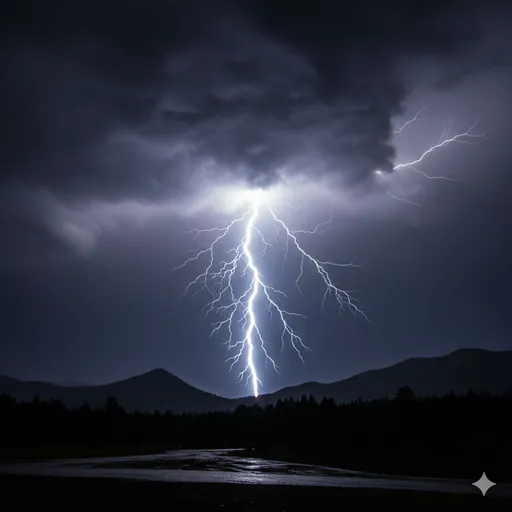 静まり返った夜空に、予期せぬ一筋の激しい雷光が走り、辺りを一瞬で照らし出す瞬間。