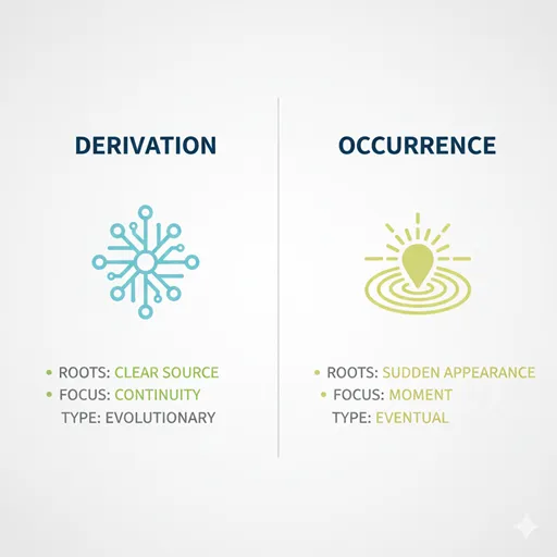 派生(DERIVATION / BRANCHING)と発生(OCCURRENCE / EMERGENCE)を、ルーツ(ROOTS)と焦点(FOCUS)で比較した英語のインフォグラフィック。