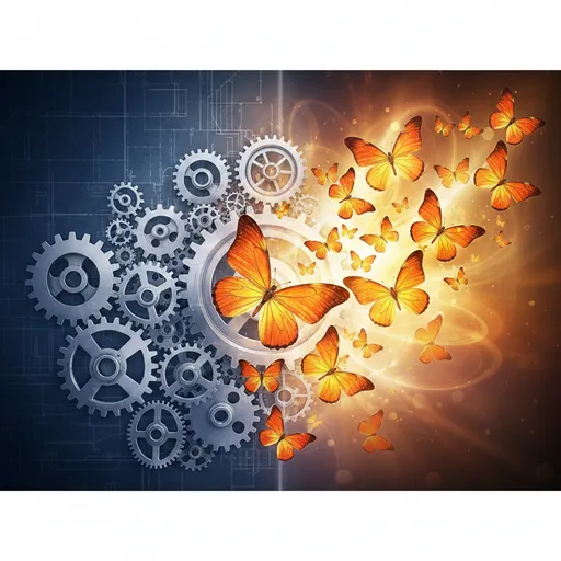 緻密に組まれた歯車の設計図（直訳）と、その歯車から飛び出した色鮮やかな蝶（意訳）が共存するアーティスティックなイメージ。