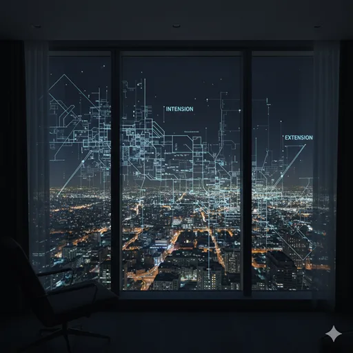 複雑な数式や法則が書かれた透明な設計図（内包）を透かしながら、実際の広大な街並み（外延）を眺めるレンズのイメージ。