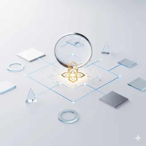 複雑なパズルや図形を論理的に組み立て、一つの正解を導き出そうとしている俯瞰図。