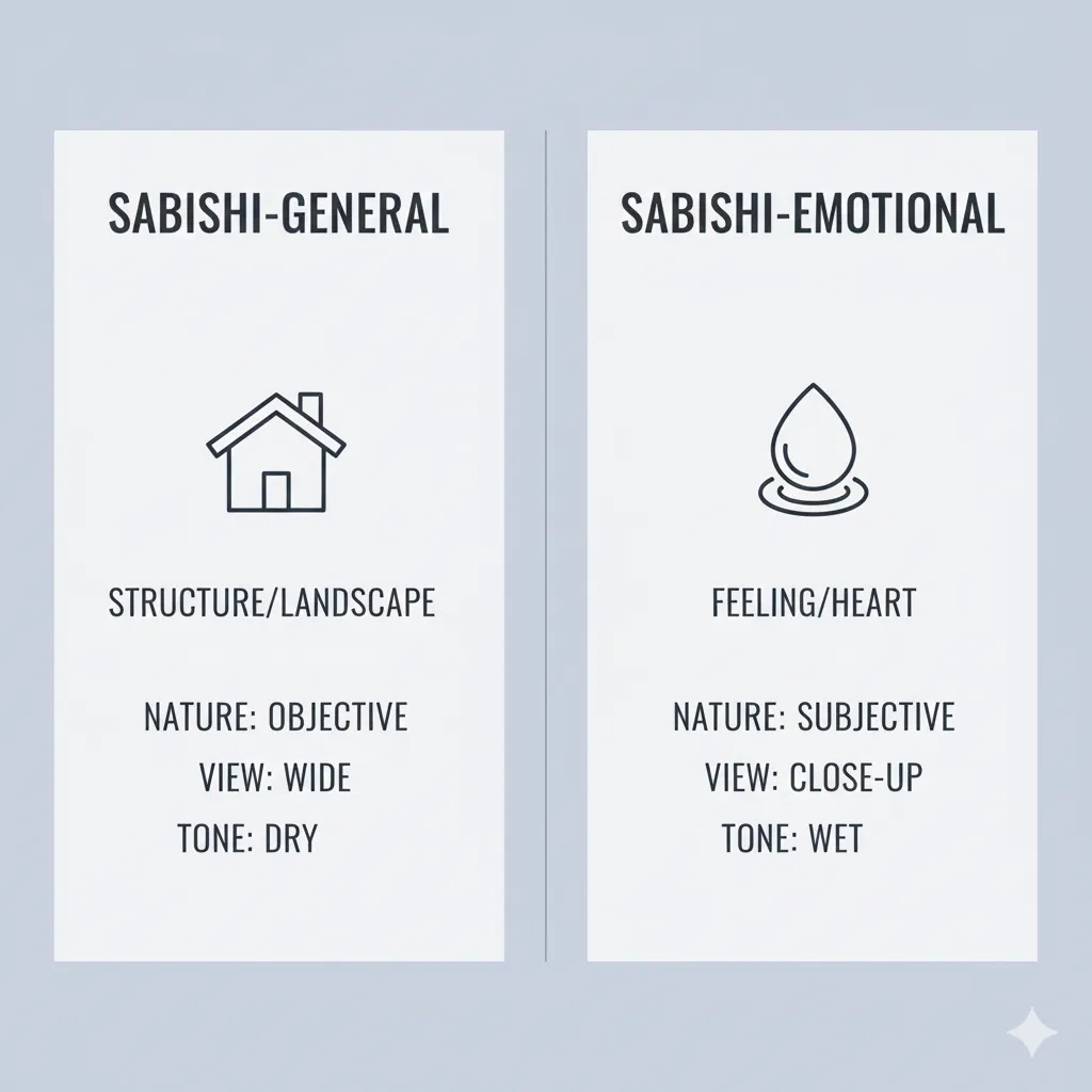 寂しい（SABISHI-GENERAL）と淋しい（SABISHI-EMOTIONAL）の性質、視点、イメージを英語で比較したインフォグラフィック。