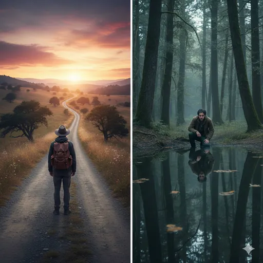 夕暮れの道を振り返る人物の姿（顧みる）と、静かな水面に映る自分の顔をじっと見つめる人物（省みる）を対比させたビジュアル。