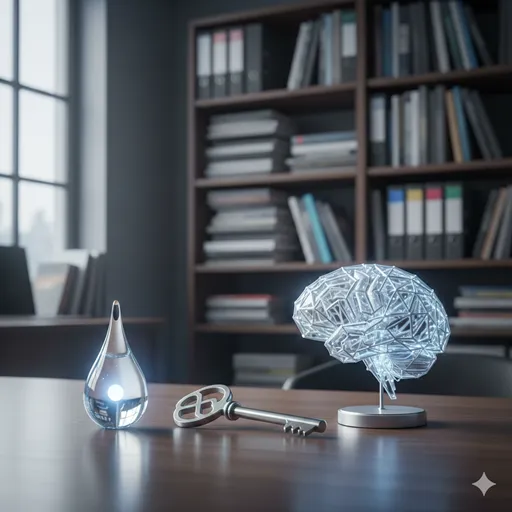 膨大な書類の山から、一粒の輝く宝石（要旨）、いくつかの重要な鍵（要点）、そして精密なミニチュアの模型（要約）を取り出している知的なビジュアル。