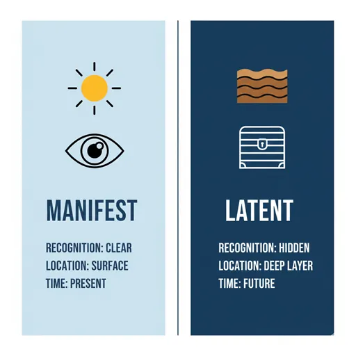 顕在（MANIFEST / ACTUAL）と潜在（LATENT / POTENTIAL）を、認識（RECOGNITION）と場所（LOCATION）で比較した英語のインフォグラフィック。