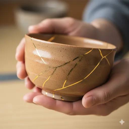 丁寧に金継ぎ（きんつぎ）された器を両手で大切に持つ様子。