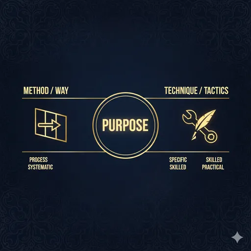 方法（METHOD / WAY）と手法（TECHNIQUE / SKILL）を、目的（GOAL）と道具（TOOL）の視点で対比させた英語のインフォグラフィック。