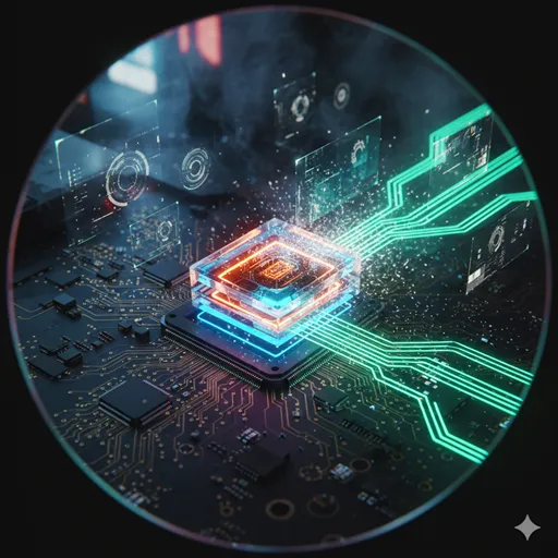 滑らかな電子回路基板の上に、新しいチップやモジュールがカチッとはめ込まれ、回路のネットワークが広がっていく様子。