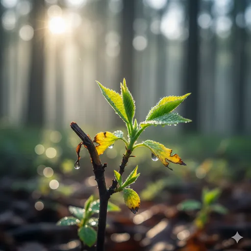 傷ついた植物の茎から新しい芽が吹き出し、生命力が内側から溢れて元の健康な姿へ戻ろうとするイメージ。