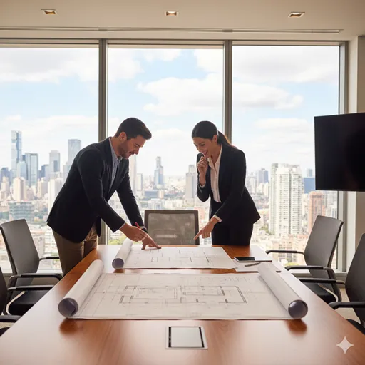 カフェや会議室で、資料を広げて熱心に議論し、双方が納得の表情を見せている瞬間。