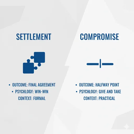 妥結（SETTLEMENT / SUCCESS）と妥協（COMPROMISE / ADJUSTMENT）を、満足度（SATISFACTION）と形式（FORM）の軸で比較した英語のインフォグラフィック。