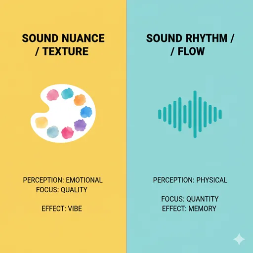 語感（SOUND NUANCE / TEXTURE）と語呂（SOUND RHYTHM / FLOW）を、知覚（PERCEPTION）と構造（STRUCTURE）で比較した英語のインフォグラフィック。