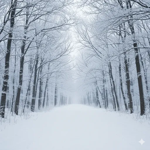 雪が積もった誰もいない山道。人の気配がなく、静まり返った客観的な風景。