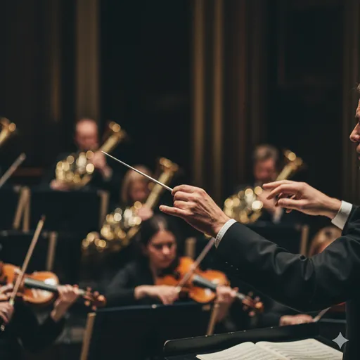 指揮者がタクトを振り、多様な楽器の音色（質感）とテンポ（リズム）が完璧に調和している瞬間。
