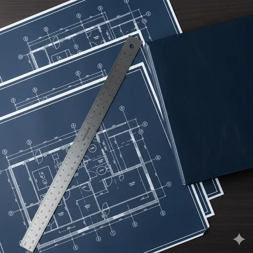 迷いのない直線で描かれた青図と、しっかりと閉じられた重厚な門(枠組み)のイメージ。