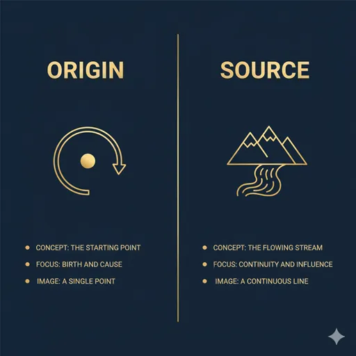 起源（ORIGIN / GENESIS）と源流（SOURCE / FOUNTAINHEAD）を、概念（CONCEPT）とイメージ（IMAGE）で比較した英語のインフォグラフィック。